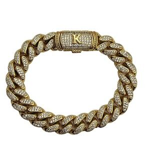 Etevon Mens Cuban Link Initial K Gold Plated Cubic Zirconia 8" Bracelet